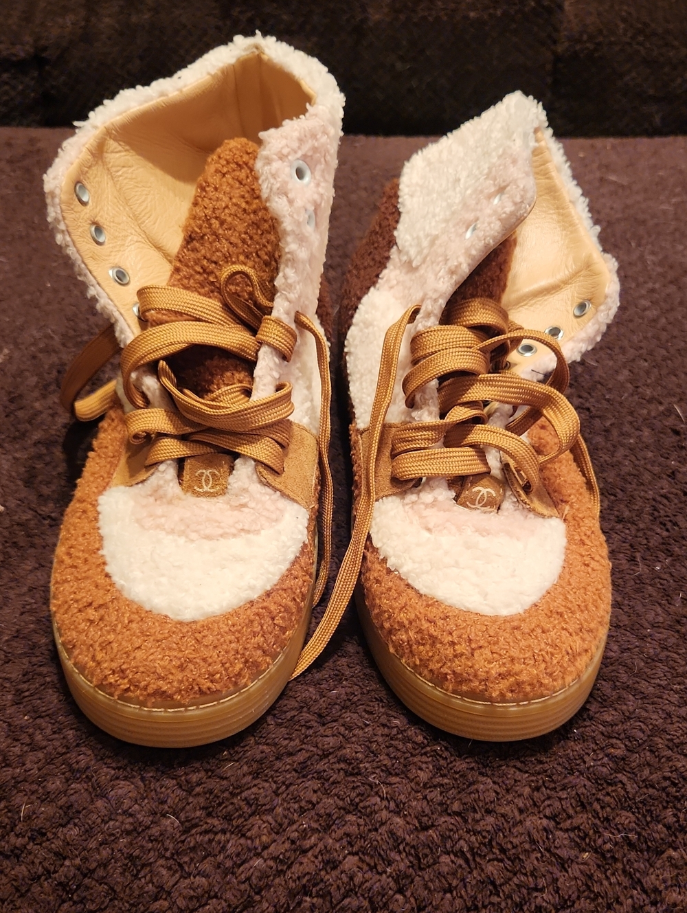 CHANEL Tan and Cream Shearling Lace-Up Ankle Booties